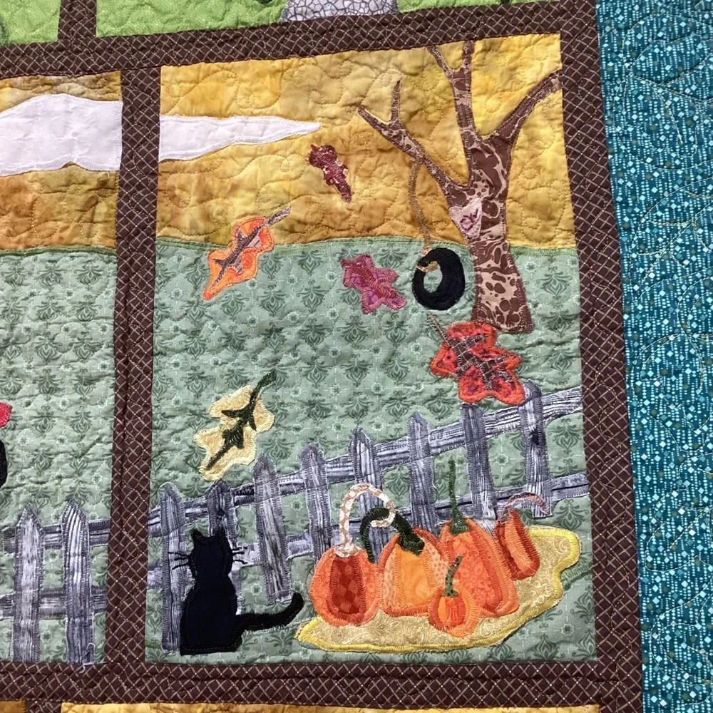 Hand Crafted Art Quilt Houses Schoolhouse Seasons 47”x55”